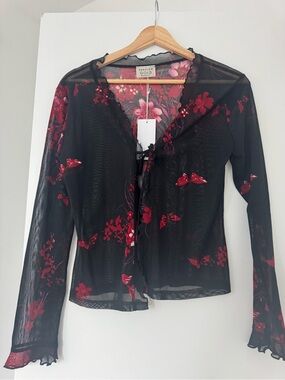 Vintage Black Sheer Mesh Floral Tie-Front Blouse with Red Flowers